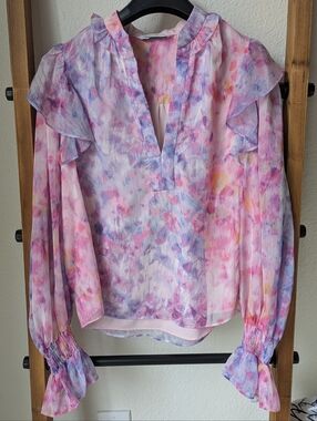 Amanda Uprichard Women's Pink & Lavender Watercolor Ruffle Blouse